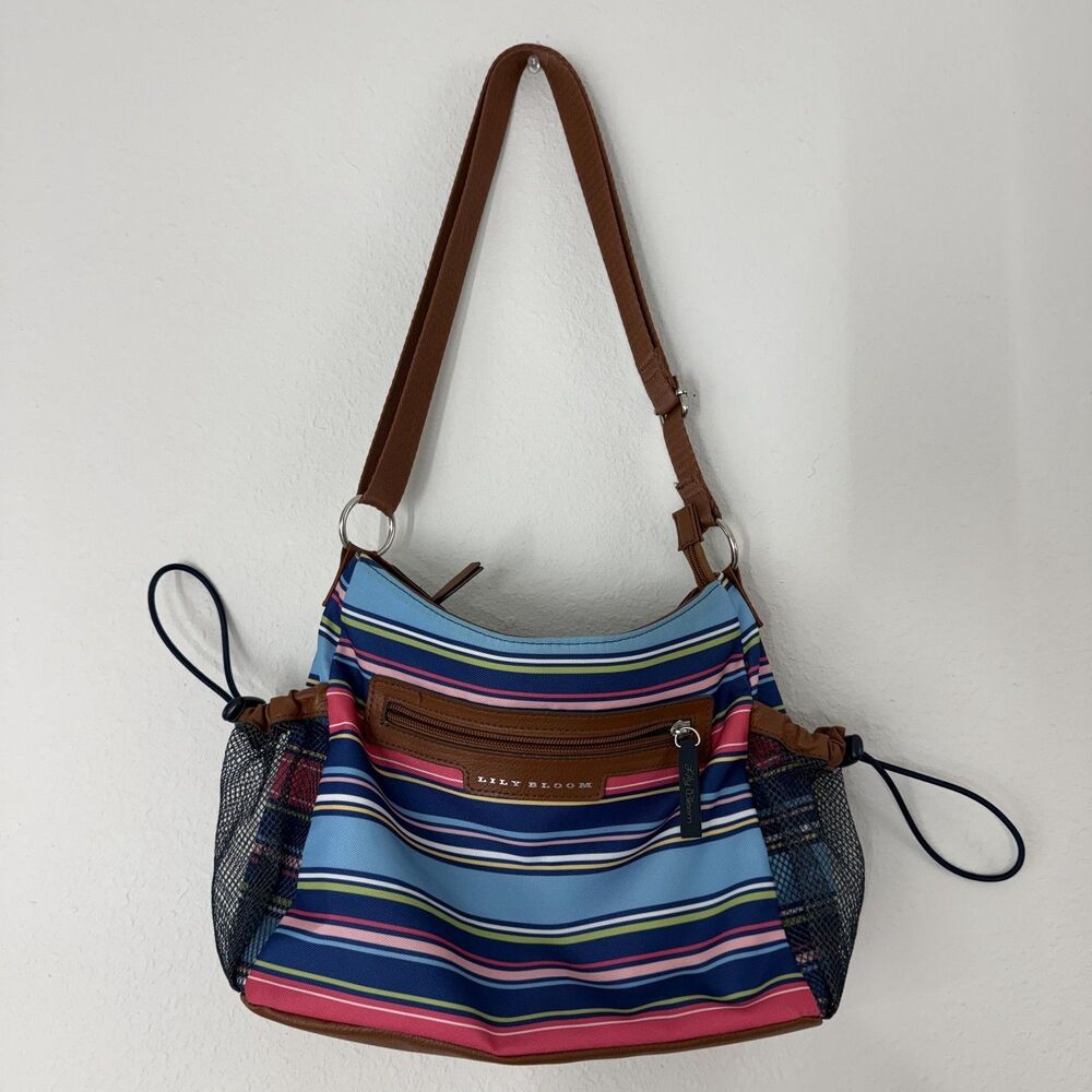 Lily Bloom Striped Purse Handbag Shoulder Zip Close Mesh Pockets Pink Blue